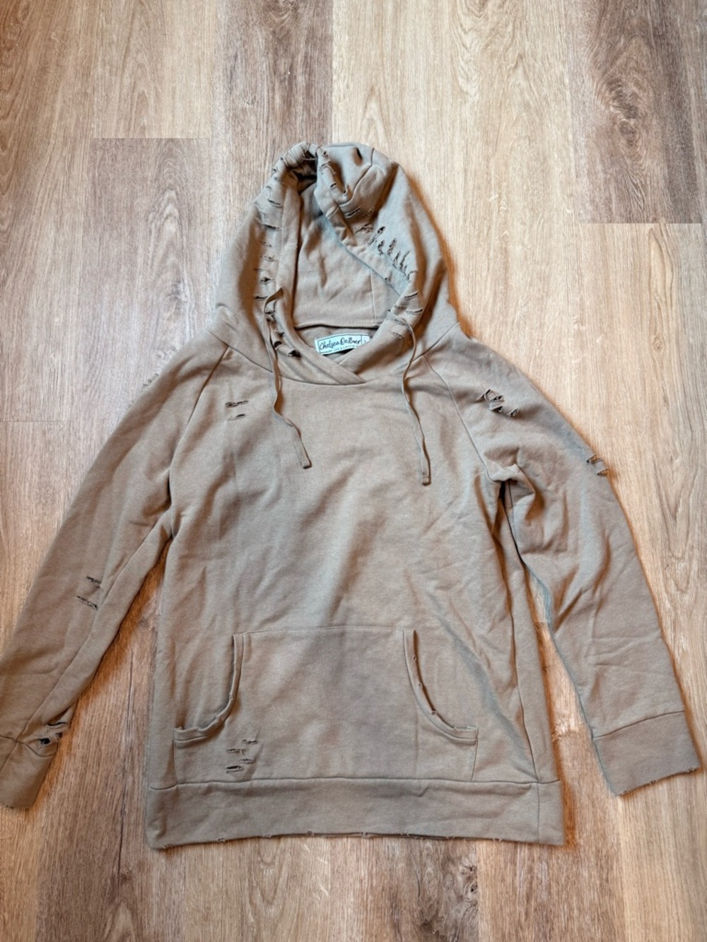 Distressed Taupe Hooded Pullover Sweatshirt